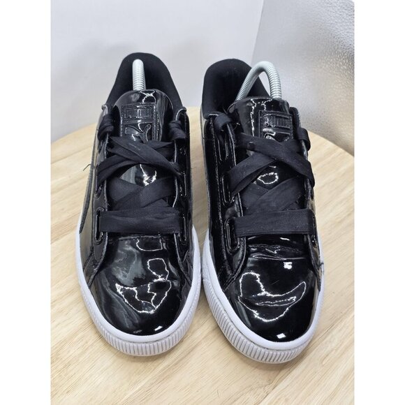 Puma Basket Heart Sneakers Shoes Womens 9.5 Patent Black Running Athletic Ribbon - Picture 4 of 7